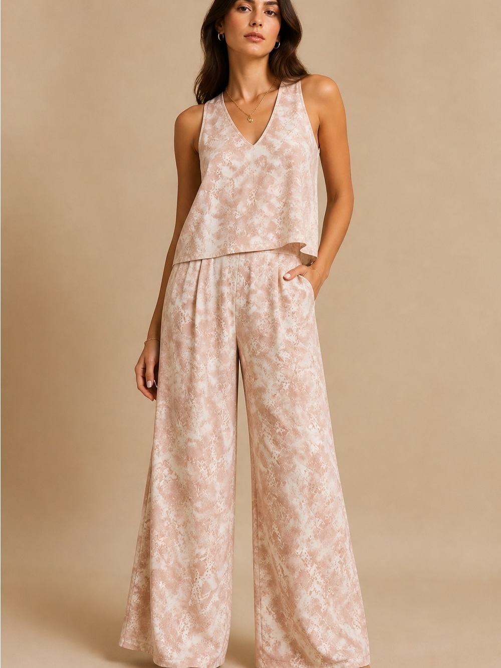 Anne Klein Blush Pink Snake-Print Wide-Leg Jumpsuit